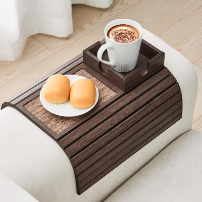 Bamboo Sofa Arm Tray Table, Foldable Couch Cup Holder, Anti-Slip Wide Couch Arm Tray Aremrest Table for Drink