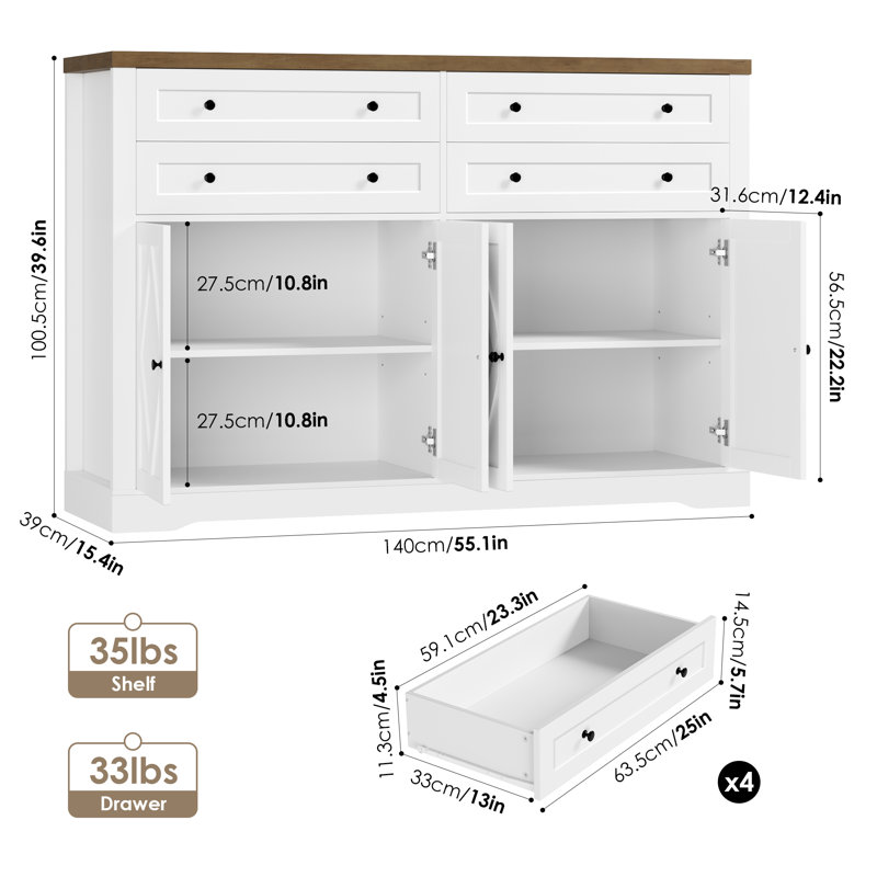 55.1" W Sideboard with 4 Drawers, Thickened Desktop, Rustic Brown/White