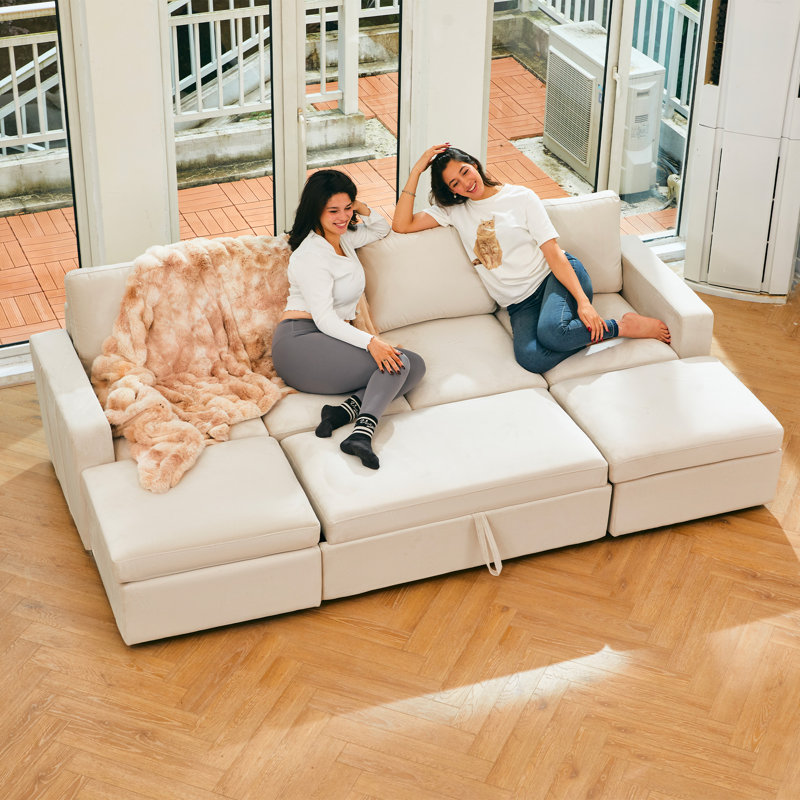Armless Pullout Sleeper Sofa Module, Beige Velvet