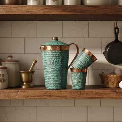 Ensemble de pichet à eau en cuivre avec couvercle et 2 gobelets faits à la main de couleur turquoise Patiente Ambiente