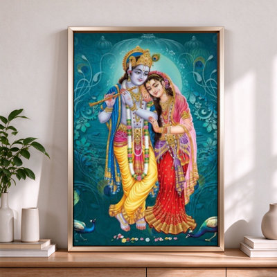 Radha and Krishna Embracing with a Flute, Framed Canvas Wall Art, Beige Frame, 16 x 24 Inch