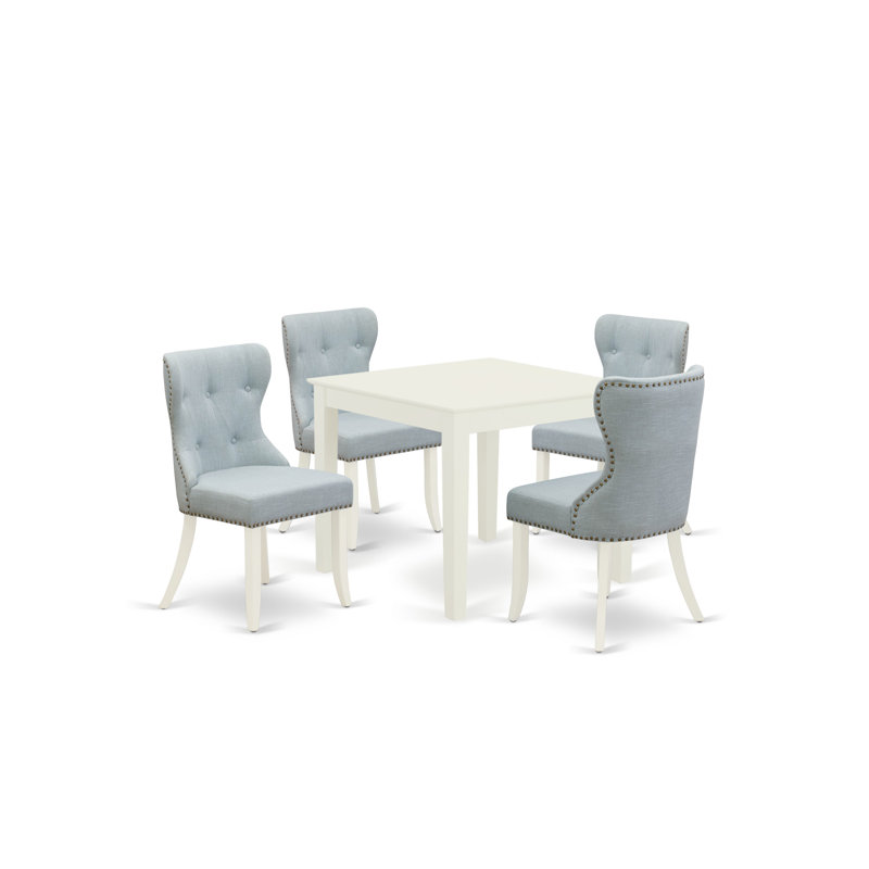 L'ensemble de table de salle à manger 5 pièces pour 4 personnes comprend une table de cuisine carrée et 4 chaises Parson rembourrées en tissu bleu bébé, lin blanc