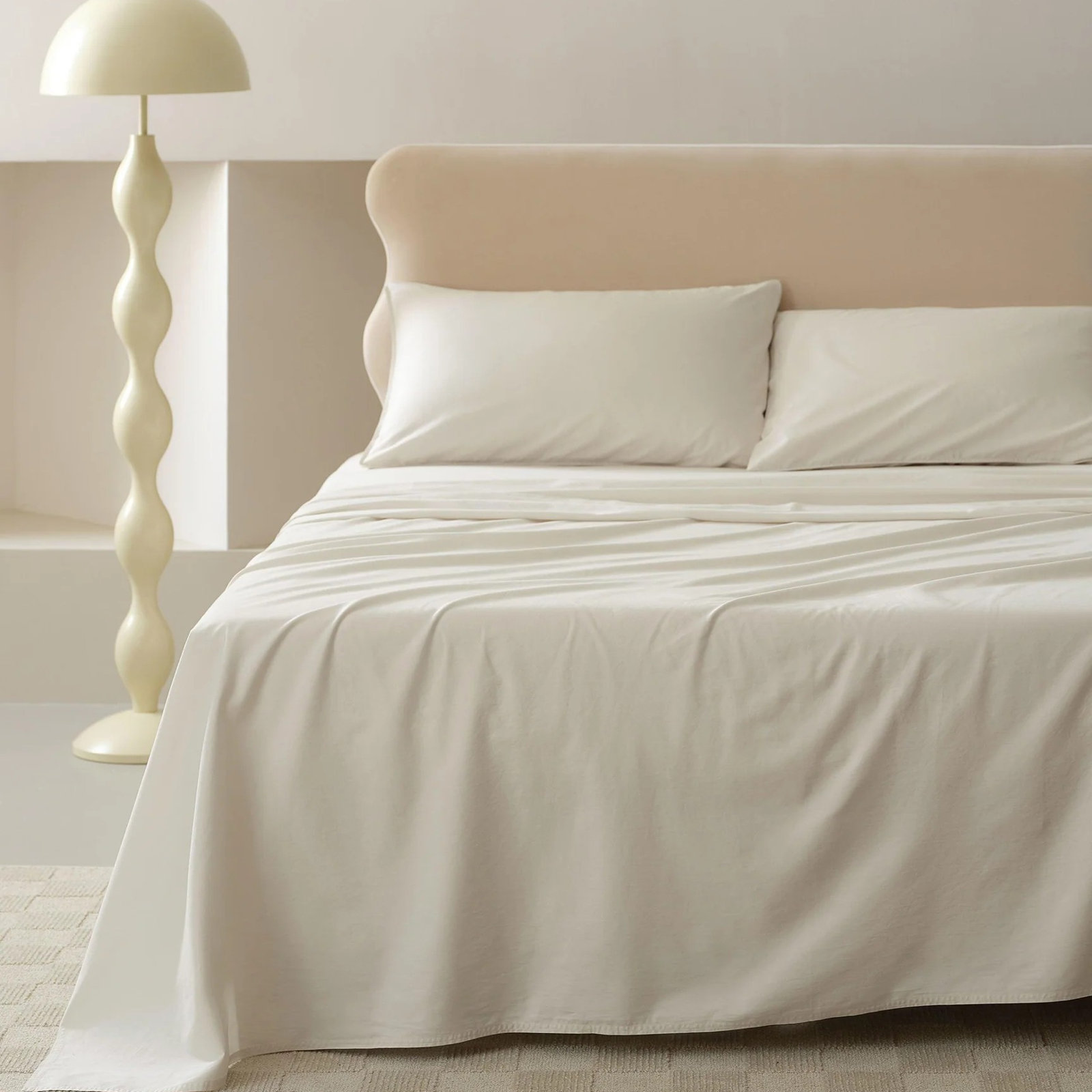 Double Stitch 100% Cotton Sheet Set, Queen Sheet Set with 2 Pillowcases, Coconut Milk
