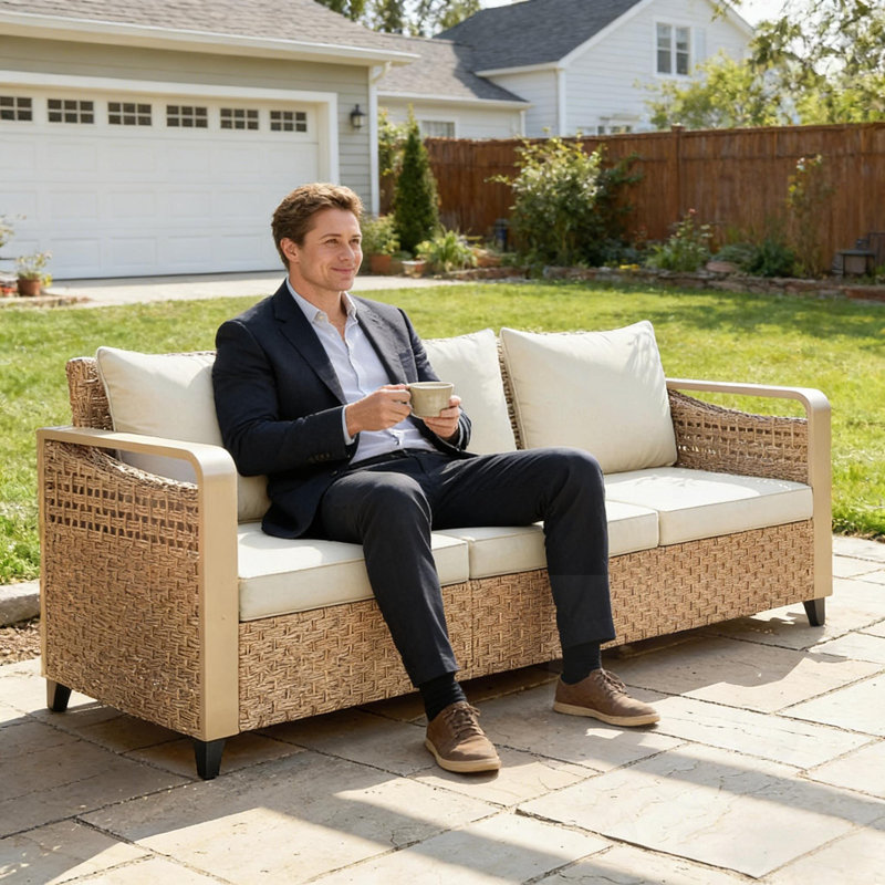 Rattan Patio Sofa With Cushions, Beige
