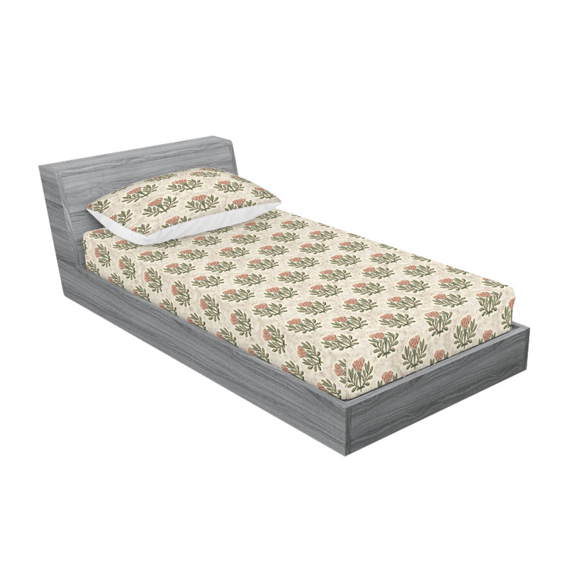 Ambesonne Fitted Sheet & Shams, Twin XL Sheet Set with 1 Pillowcase, Eggshell/Olive Green Flower