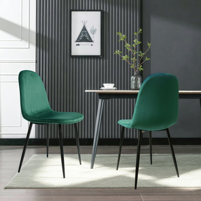 Ensemble de 2 chaises modernes en velours avec pieds en métal pour le salon, vert foncé