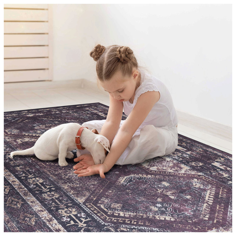 MAVAL Vintage Boho Runner Rug - Machine Washable, Non-Slip Black & Burgundy Hallway Carpet