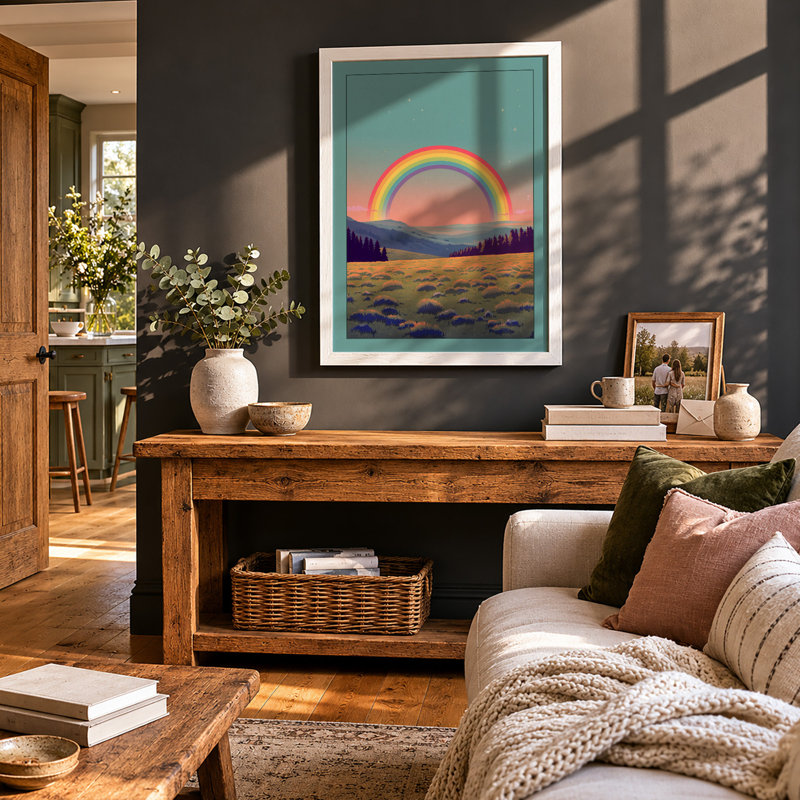 Rainbow Over Mountains Modern - Framed Print, A4 - 29.7 x 21.0 cm, White