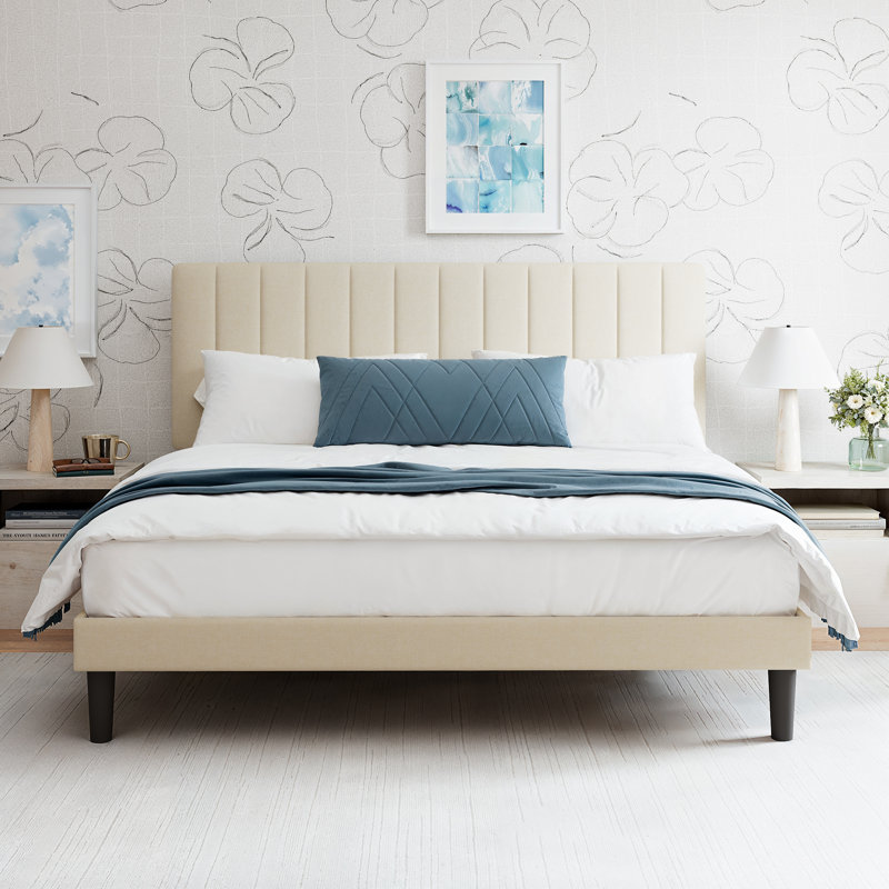 Très grand lit plateforme tapissier avec tête de lit réglable et lattes en bois, Très grand, Beige