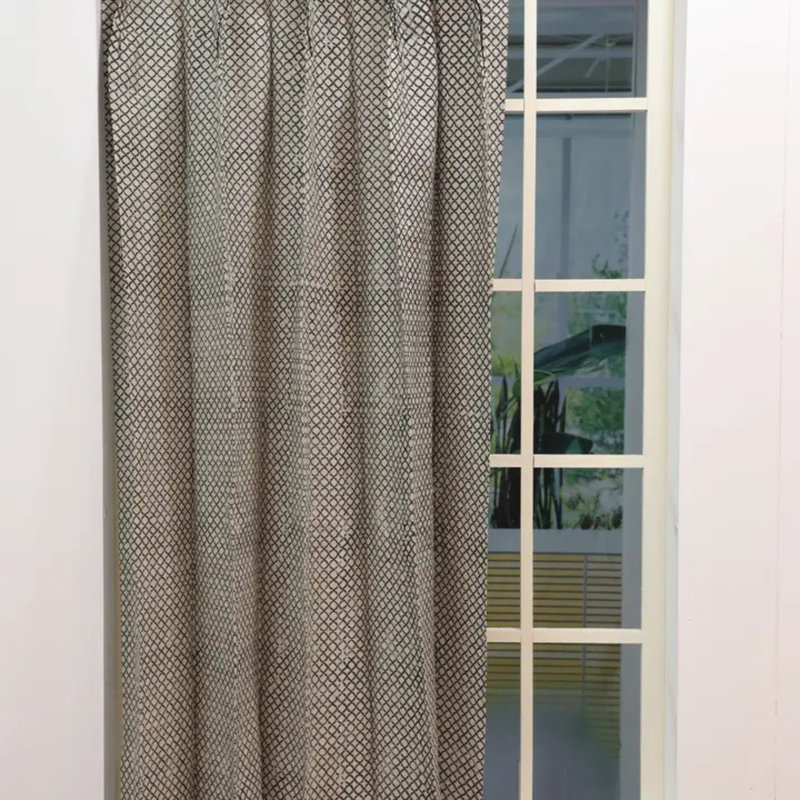 Black Soft Pure Linen Drape Block Print, Pleated Pinch Curtain for Blackout Room Darkening, Home Décor Bedroom, Kitchen or Office, Kabutar Jaal