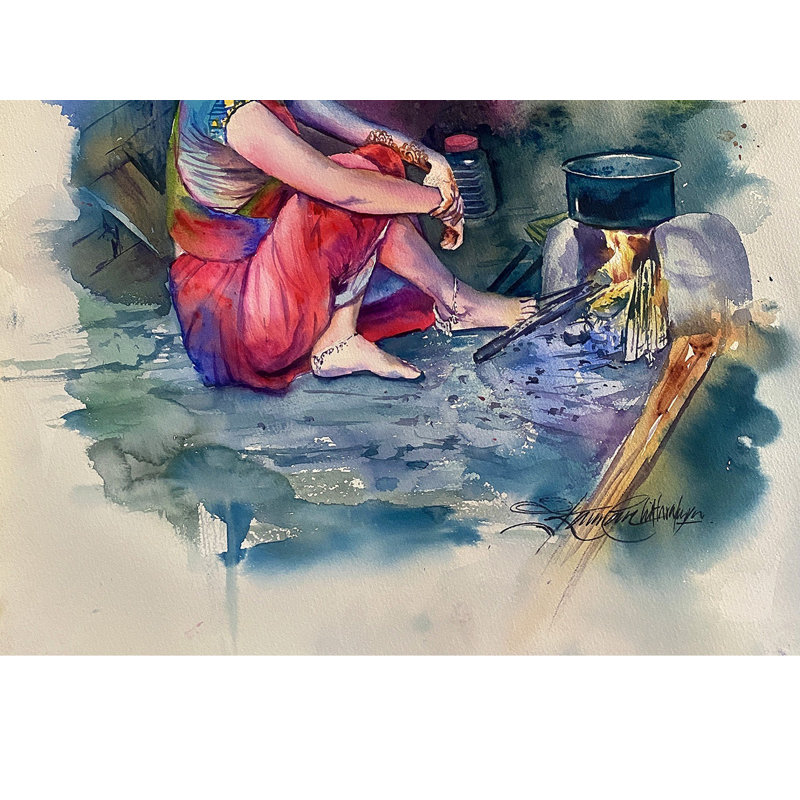 Femme de campagne indienne | Aquarelle | Décoration murale