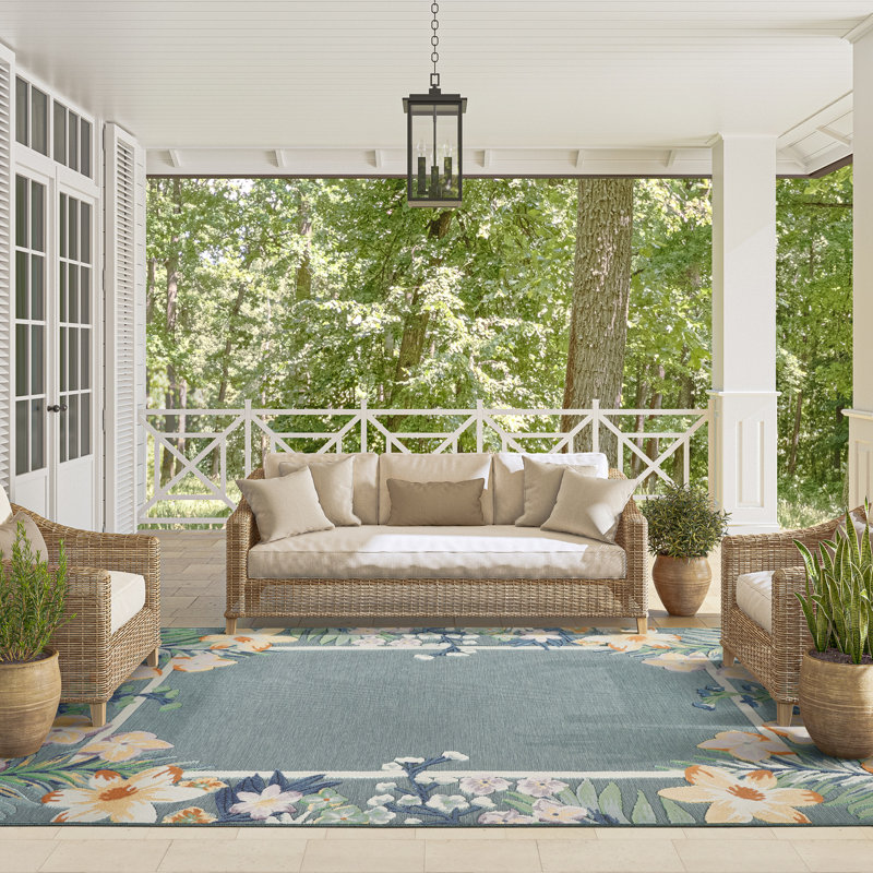 Abani Rugs Liburna Teal Garden Floral Border Indoor/Outdoor Area Rug, 6' x 9'