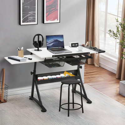 Craft and Drawing Table Workstation with Stool, Drafting Table with Slide-Out Tabletop and Drawers