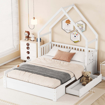 Grand lit plateforme en bois avec garde-corps de sécurité et deux tiroirs de rangement, blanc