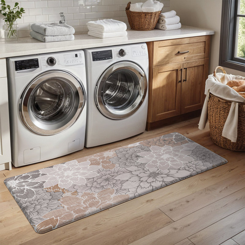Tapis de cuisine rétro anti-fatigue antidérapant, L 48 po x H 20 po, Gris / blanc / floral brun