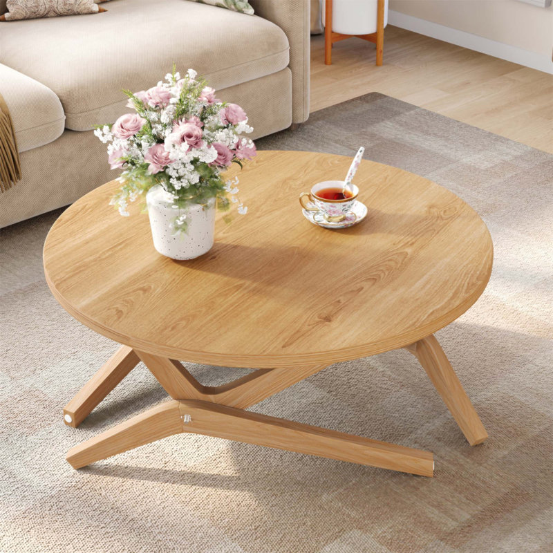 Table basse ronde 2-en-1 avec hauteur réglable, en bois massif, polyvalente pour la vie moderne et l'espace