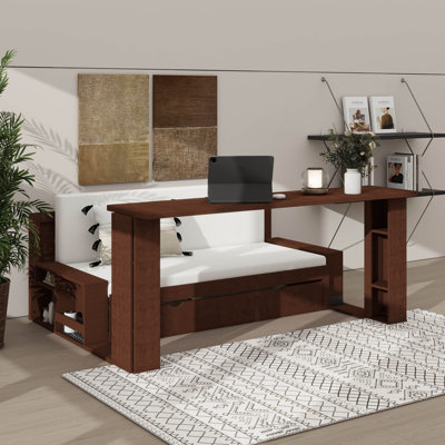 Wooden Queen-Size Daybed With Built-In Storage Drawers, Removable Desk, And Hydraulic Side Table
