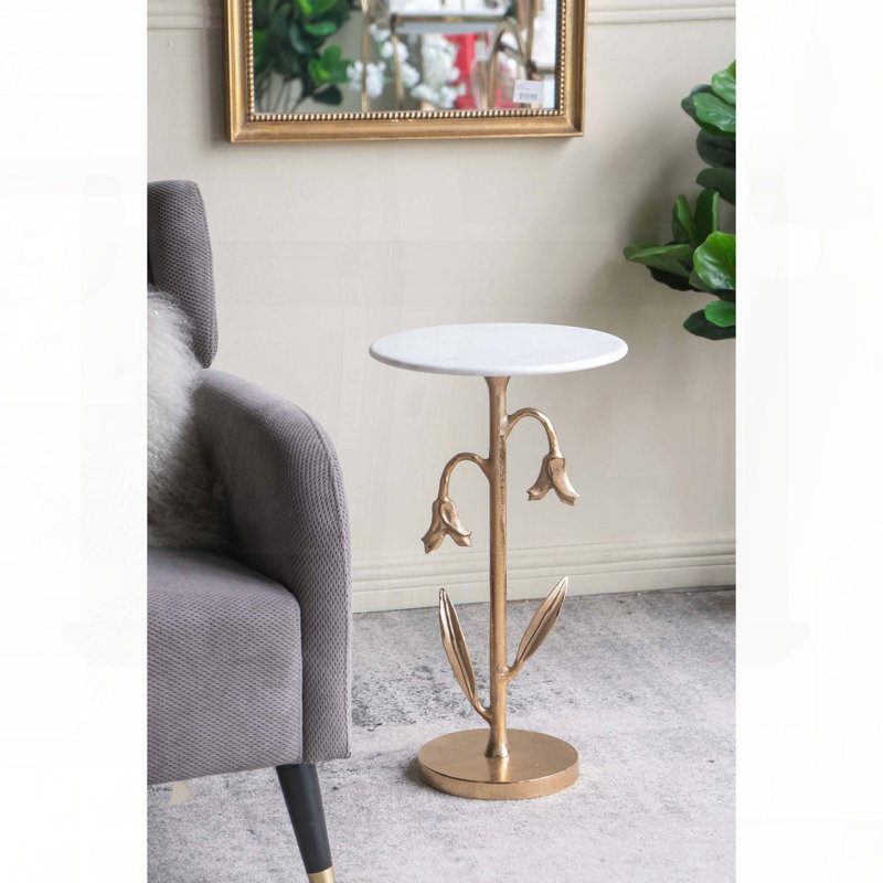 Table d'appoint tulipe dorée avec plateau en marbre blanc - 14 po x 14 po x 24 po
