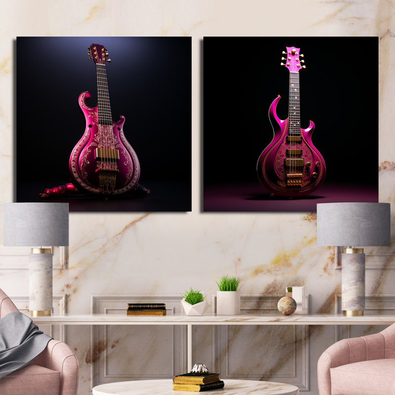 Guitare moderne en majestueux magenta - ensemble de 2 collages carrés de musique, Toile tendue, H 16 po x l 33 po