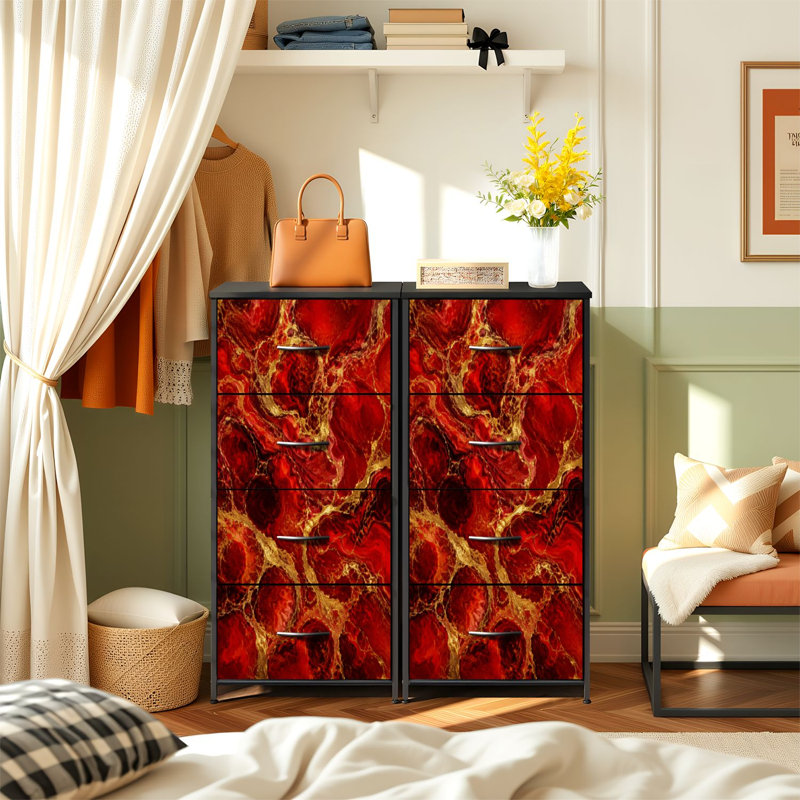 Commode 4 tiroirs à rangement vertical rouge moderne marron doré et marbre doré veines dorées avec tiroirs en bois
