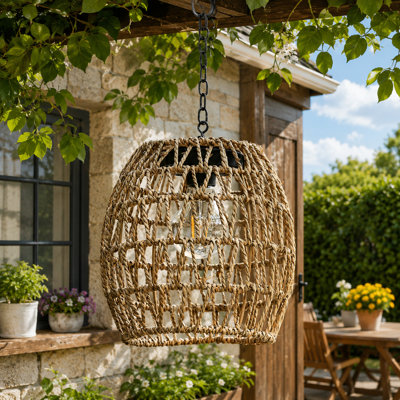 Bamboo Woven Rattan Solar Chandelier Hanging Light with Edison Bulb, Weatherproof Outdoor Lantern for Gazebo, Garden, Porch, or Patio