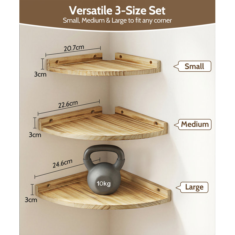 Rustic Corner Floating Shelves Set of 3, Torched Pine Wood Wall-Mounted Bookshelf with Rounded Edges, Raised Back, Cable Hole,  Display Shelf for Bathroom, Kitchen, Bedroom, Living Room