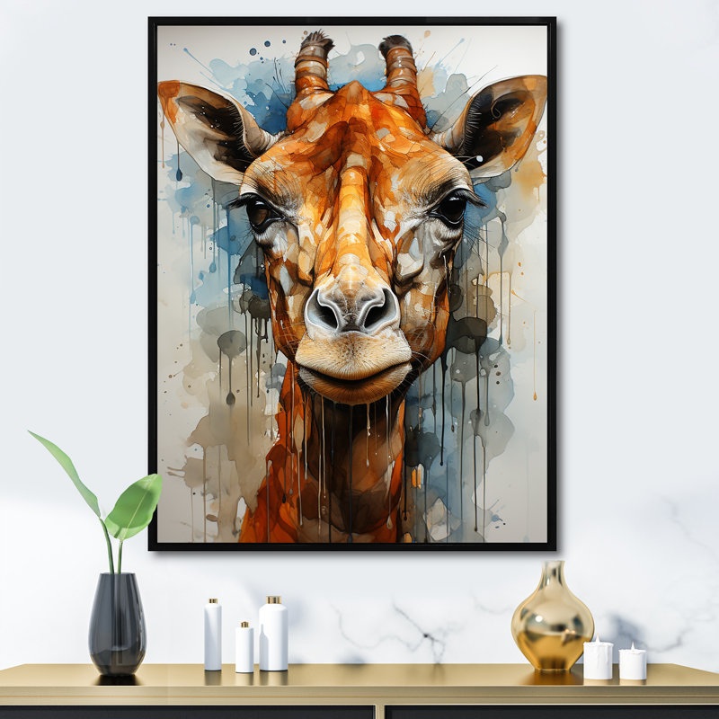 Girafe moderne, portrait sur toile, H 32 po x l 16 po x P 1 po, Cadre flottant noir