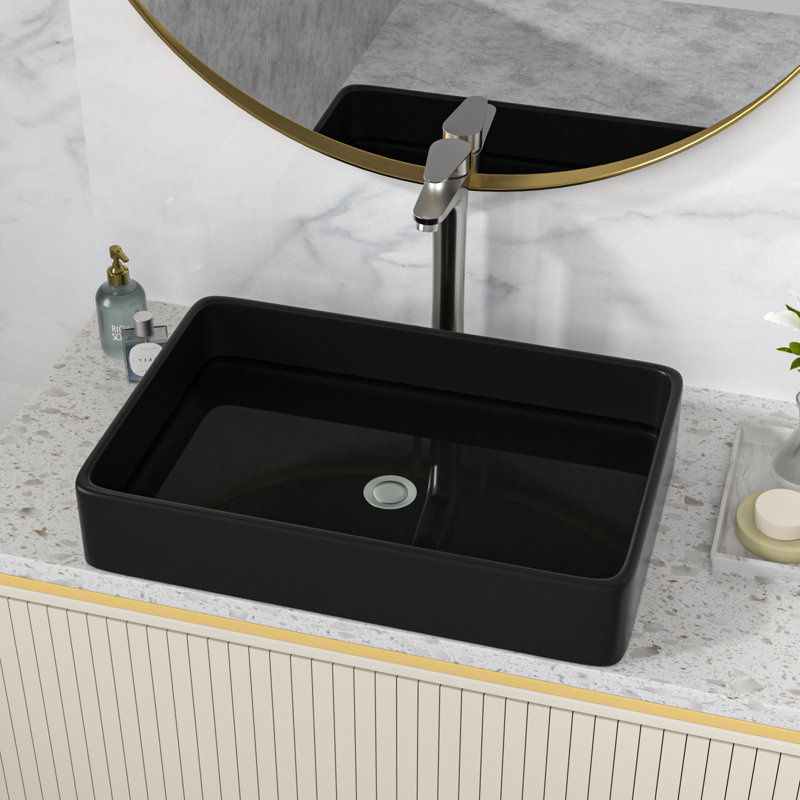 Lavabo de salle de bain rectangulaire 24 po x 16 po en céramique blanche moderne, Noir