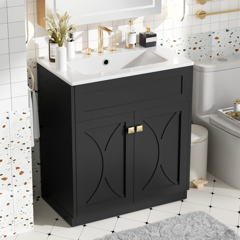 Bathroom Vanity With Ceramic Sink Combo/ Modern Freestanding Storage Cabinet  With  Handles/ Doors, Black
