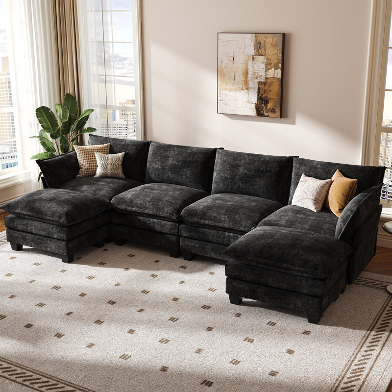 Canapé modulaire modulaire, canapé 6 places en forme de U avec repose-pieds, canapé modulaire en chenille moderne pour le salon, noir
