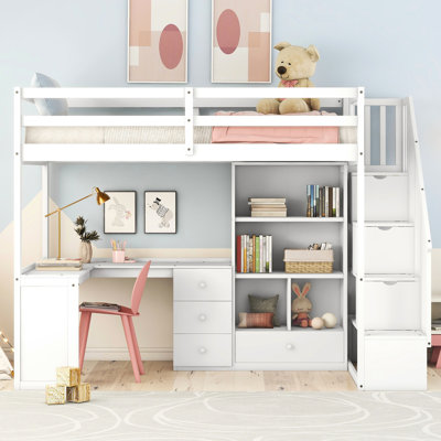 Lit mezzanine simple avec bureau en L, tiroirs, armoire et escalier de rangement blanc - Matériaux de construction