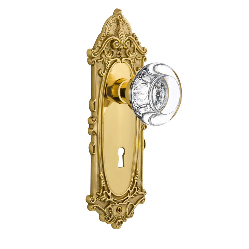 Victorian Plate with Decorative Keyhole and Round Clear Crystal Door Knob, Polished Brass, 2-3/4”