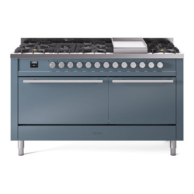 Cuisinière à double combustible ILVE Professional Plus II Series 60 po avec 9 brûleurs scellés et plaque de cuisson (gaz naturel, porte pleine)