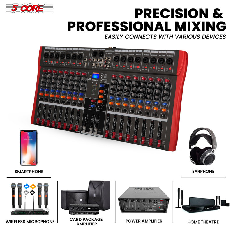 Mélangeur audio 5 cœurs, 16 canaux, table de mixage dj, Bluetooth, USB, analogique, professionnel et audio