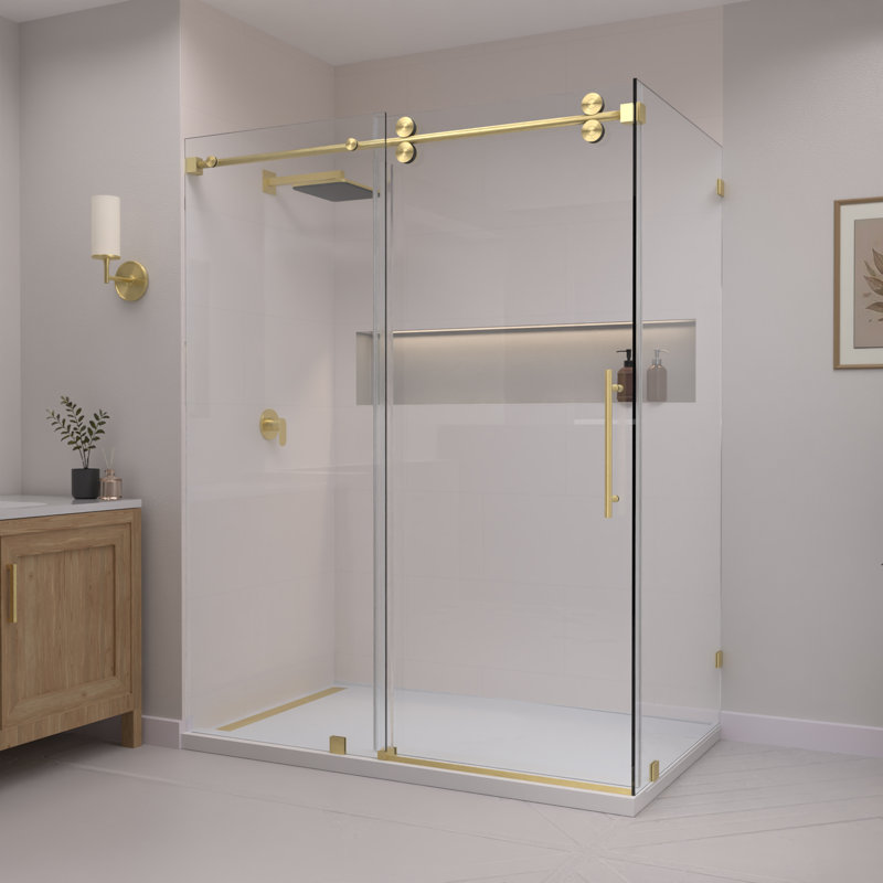 RadianceRP 48 In. W X 36 In. D X 76 In. H Sliding Frameless Corner Shower Enclosure With Clear Glass, Brushed Gold