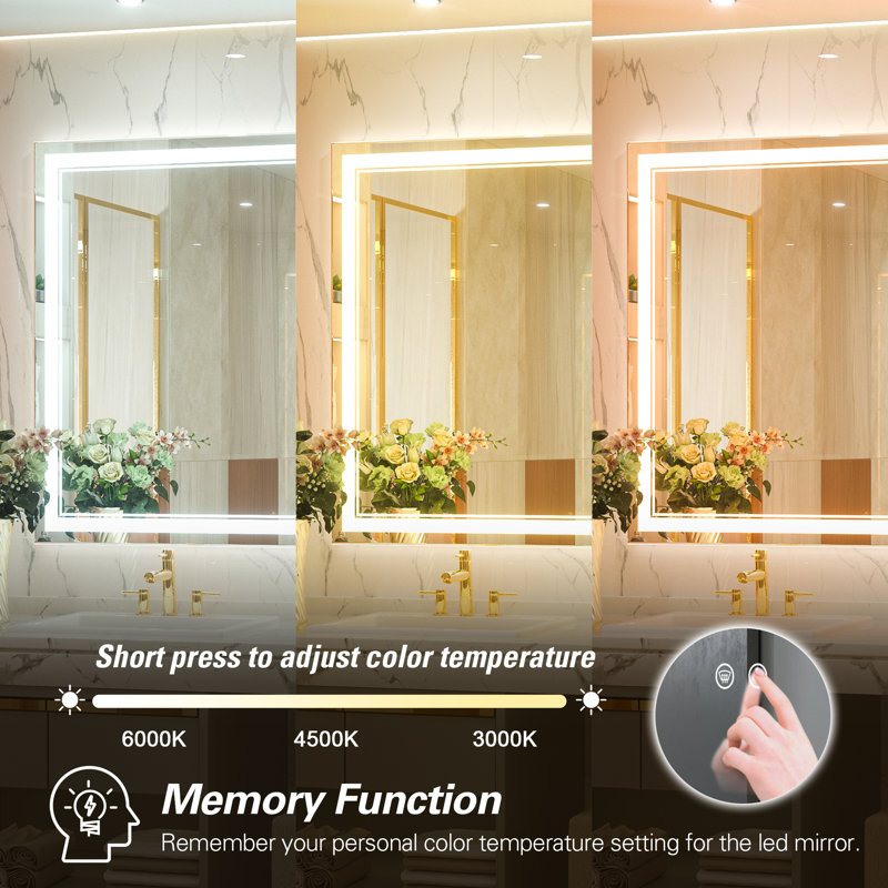 Adorna Frameless LED 3 Colour Dimmable Lighting Bathroom / Vanity Mirror, Memory Function, Anti-fog, 72" x 36"