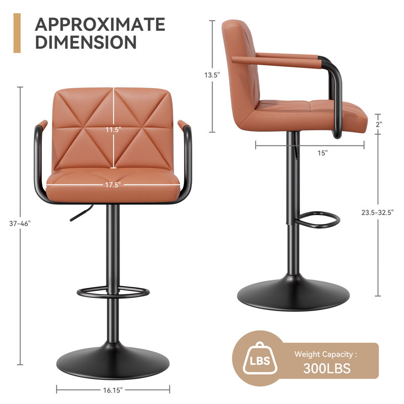 Ensemble de 2 tabourets de bar, tabourets de bar à hauteur ajustable de 25,5 à 34,5 po avec dossier et accoudoirs, chaises de bar pivotantes carrées en similicuir pour îlot de cuisine