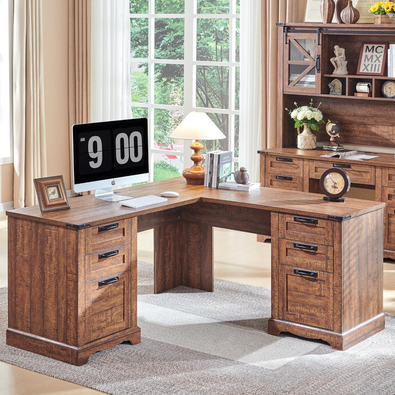 Dhevan 60'' W L-Shaped Executive Desk with Charging Station, Reclaimed Barnwood