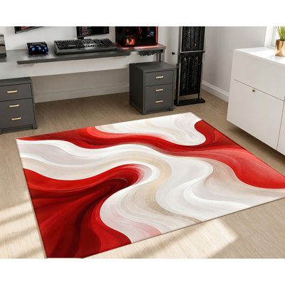 Tapis abstrait rouge et blanc à motifs tourbillonnants, motif ondulé artistique moderne, tapis de sol antidérapant, facile à nettoyer, accessoire de décoration pour salon, chambre, salle à manger, bureau, couloir, cuisine, entrée, appartement