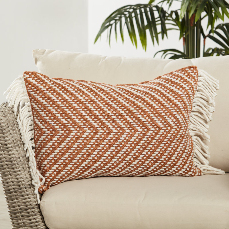 Terracotta and Ivory Chevron Woven Pillow Cover with Tassels