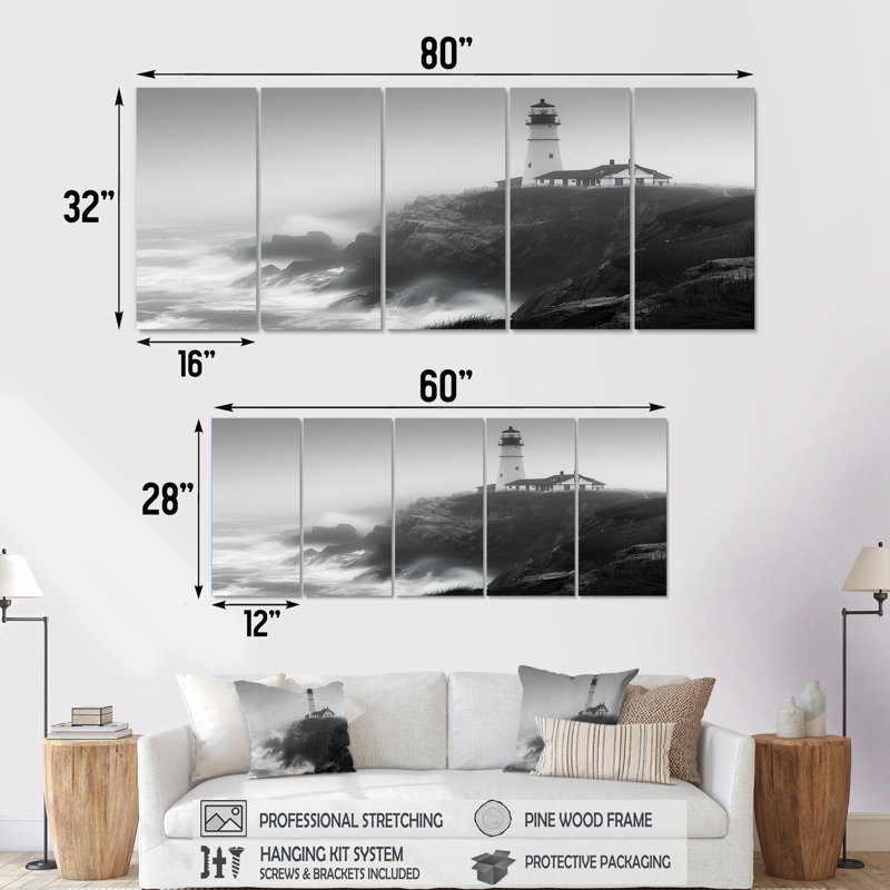 Phare monochrome brouillard d'hiver Cliff II - ensemble de décorations murales phares, H 28 po x l 60 po