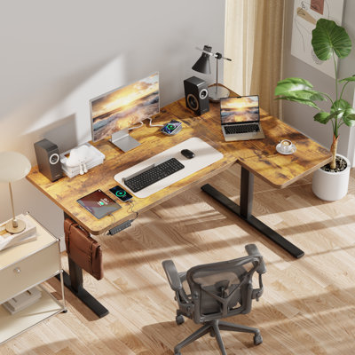63 Inch Dual Motor L-Shaped Electric Height Adjustable Standing Desk with Memory Controller & USB Charging, Sit-Stand Corner Home Office Desk 265 lbs Capacity, Rustic Brown
