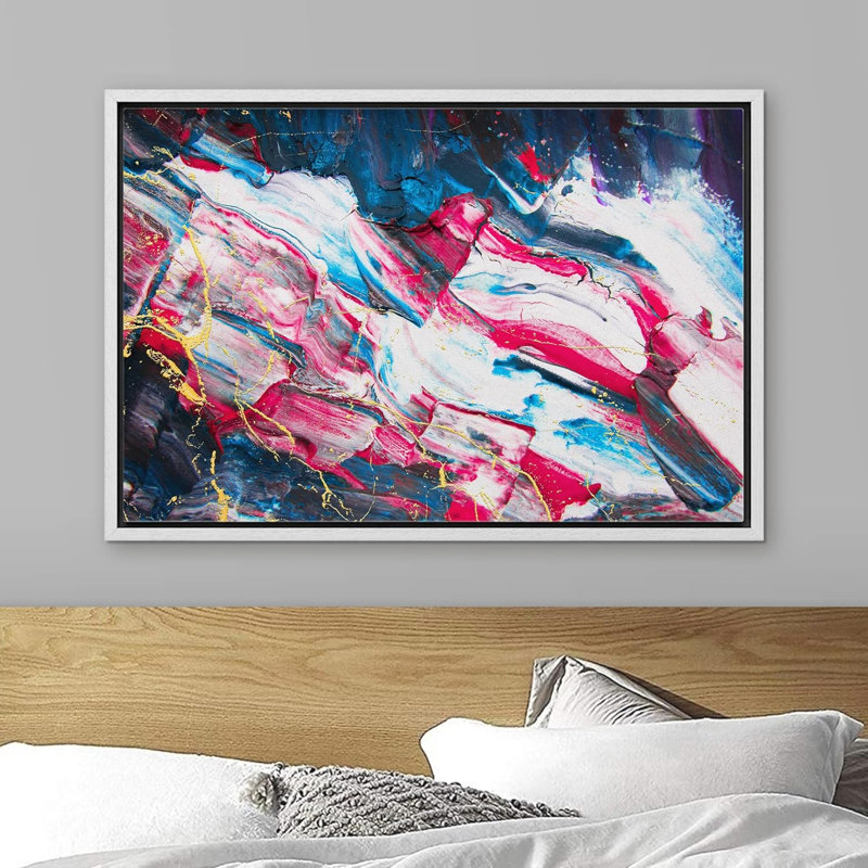 «Vibrant Blue Pink Neon Paint Stroke Abstract Shapes Illustration Modern Art Bohemian Colorful» sur, Blanc, H 16 po x l 24 po