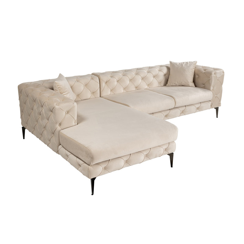 Élégant canapé d'angle avec structure en bois de hêtre, 106,3 x 28,3 x 70,9 pouces | Tissu durable 100% polyester, housses amovibles | Comprend 2 coussins portables, pieds en métal noir | Parfait pour les salons modernes, design beige et noir