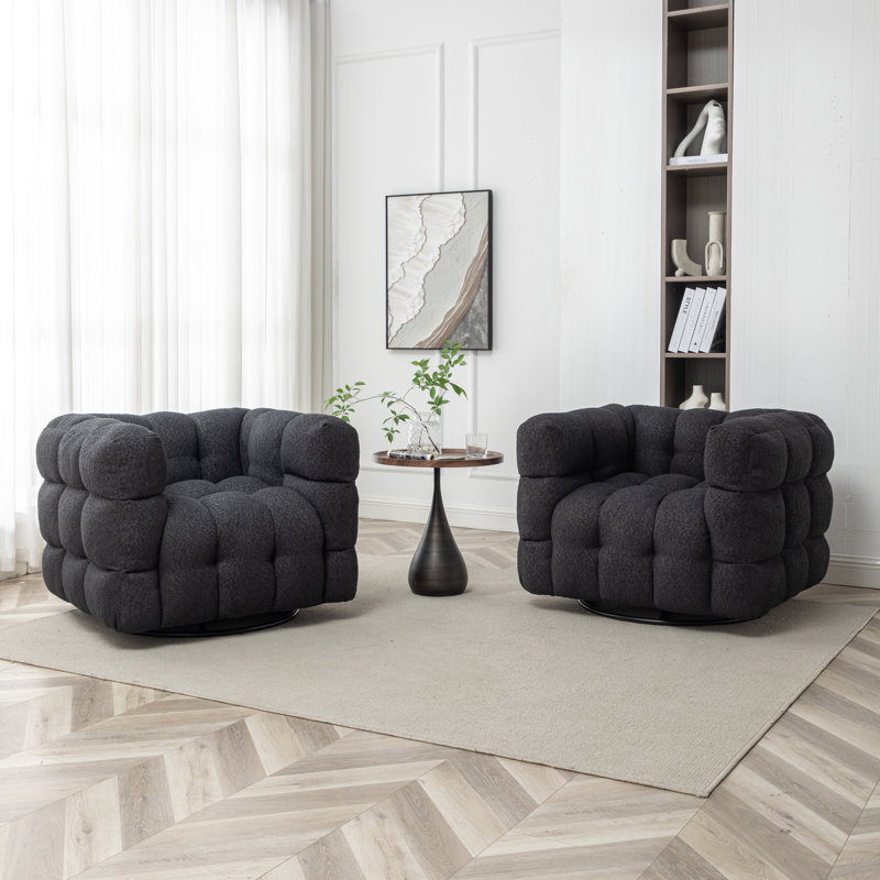 Ashyiah 38" Wide Tufted Swivel Chair with Square Arm, Black Boucle