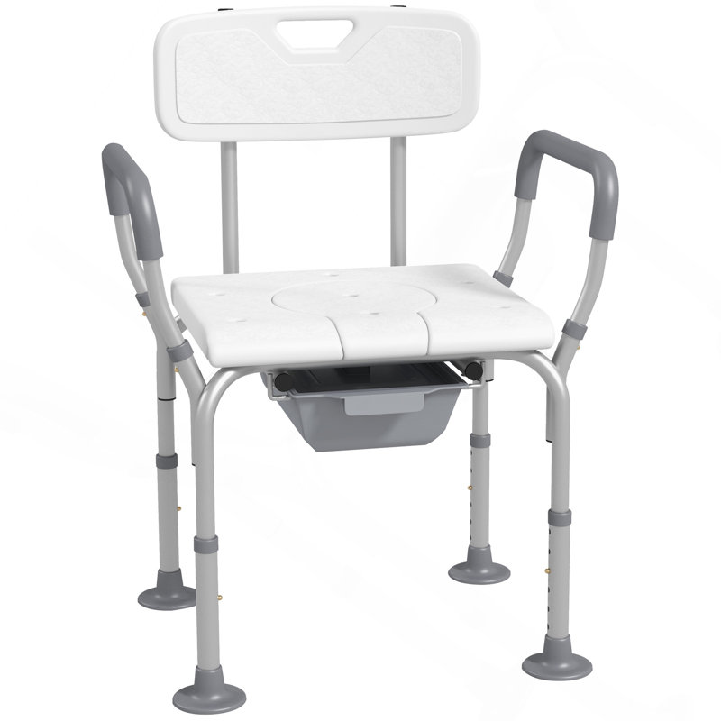 3-In-1 Shower Chair With Back And Arms, Height Adjustable Bedside Commode, Raised Toilet Seat With Non-Slip Rubber Foot Pad For Seniors, Disabled, White