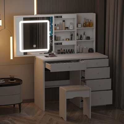 100cm Wide Dressing Table with Sliding 3-Colour LED Mirror & Hidden Storage, 5-Drawer Vanity & Stool