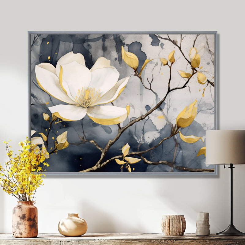 Jaune jaune, gris, magnolia, nature, élégance III - art mural sur toile florale, H 30 po x l 40 po x P 1,5 po