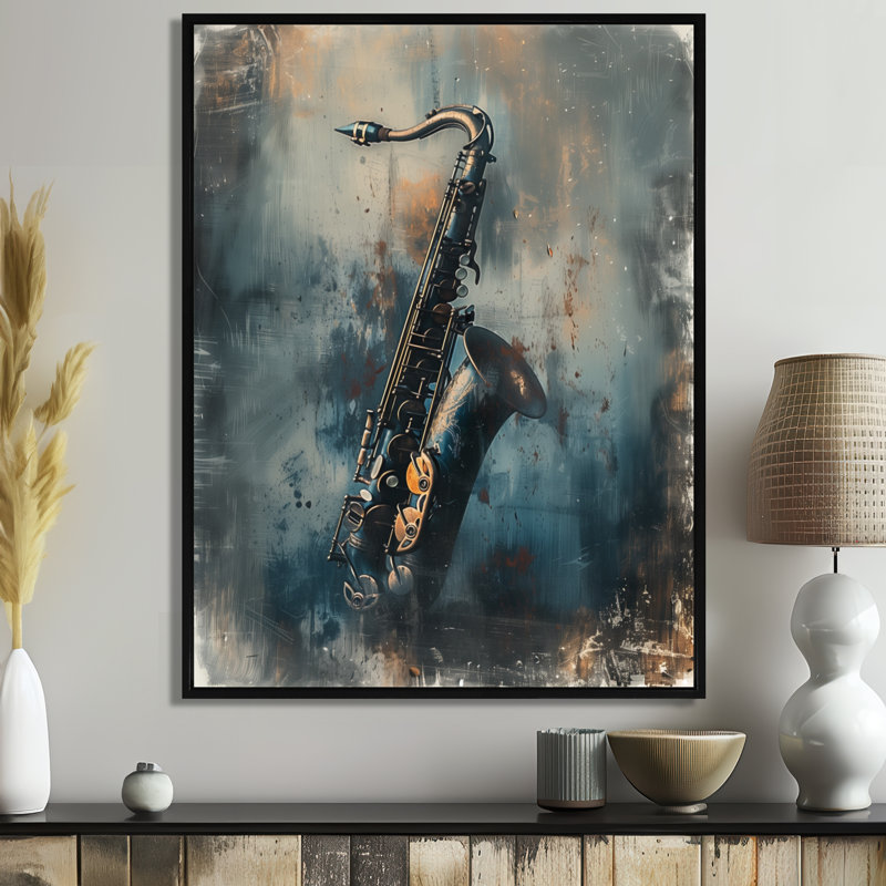 Gris saxophone Sizzle Portrait - musique Jazz Wall Art salon, White Picture Framed, 20" H x 12" W