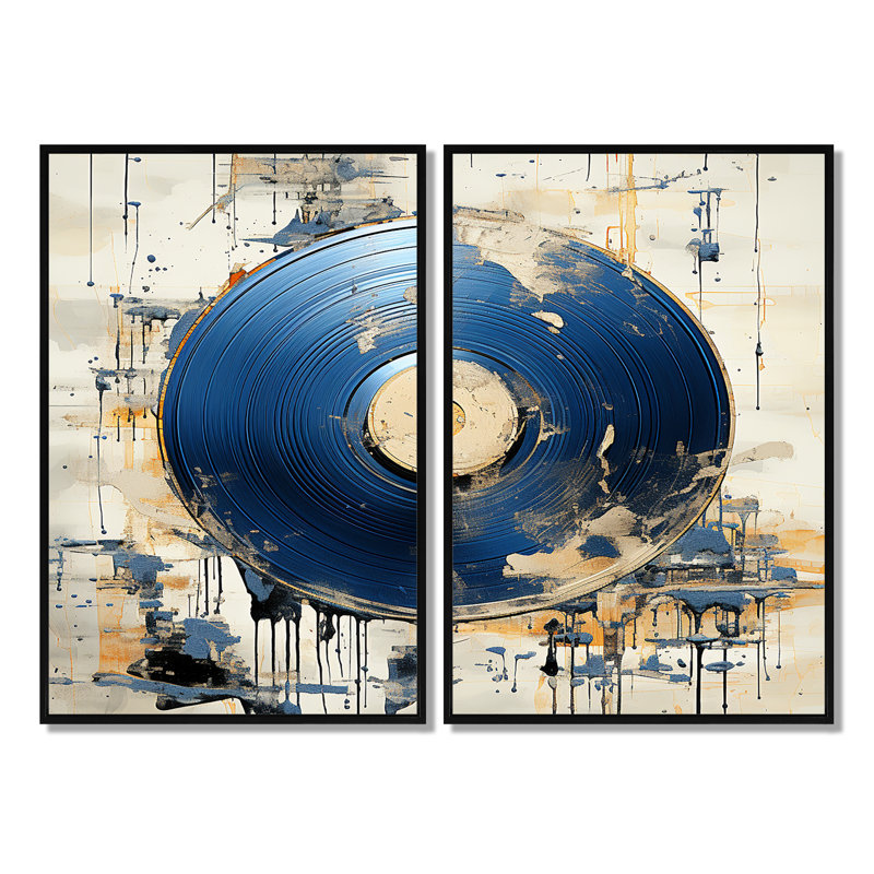 Blanc et bleu, vinyle, disque, mélodie, or, impressions d'art moderne sur toile, H 36 po x l 48 po, Noir